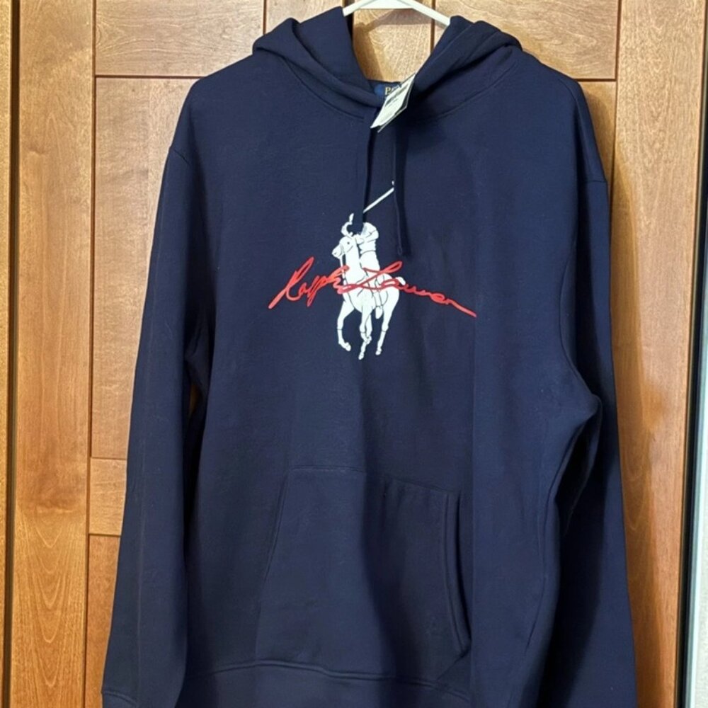 Polo Ralph Lauren Men's Sz XL/TG Big Pony Spell Out Fleece Pullover Hoodie Navy